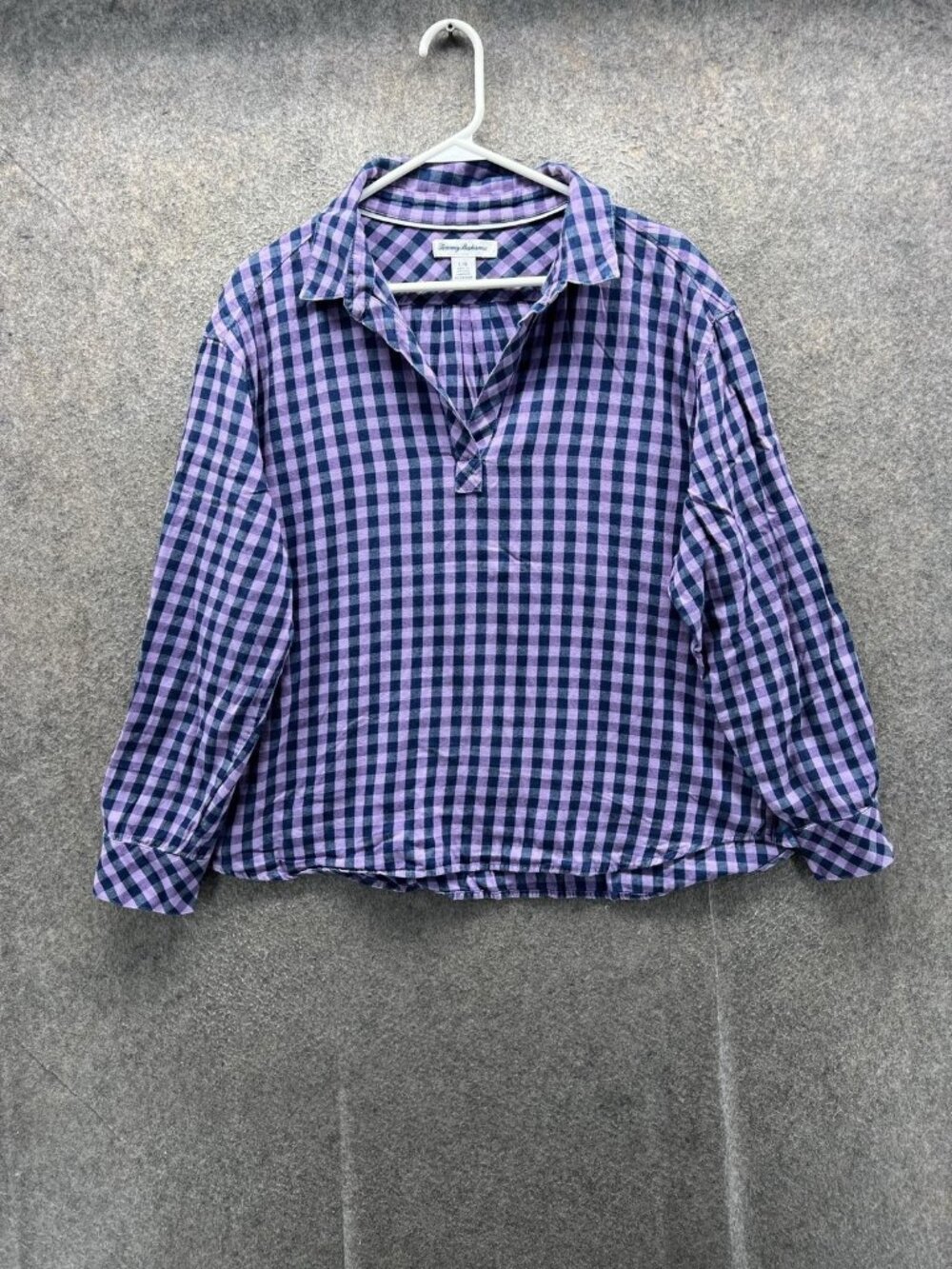 Tommy Bahama Blouse Women Large Purple Check Collared 3/4 Sleeve Pullover Woven